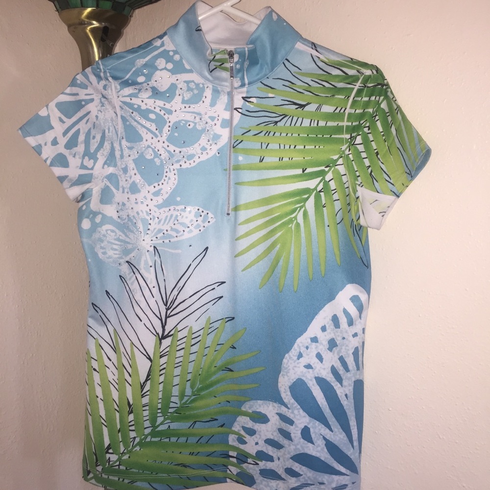 ZENERGY CHICO’S S/S 1/4 ZIP BEJEWELD TOP SZ 0 (SM)